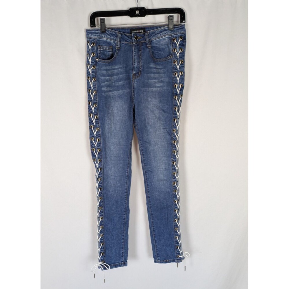 Fashion Nova Jeans 9 Junior's Blue Full Lace Up Leg Skinny High Rise Baddie